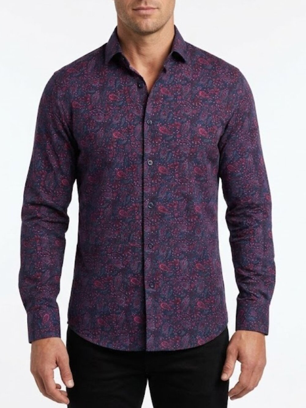 Express Mens Slim Fit Paisley Button Up Shirt Large Pink Navy Psychedelic Mod
